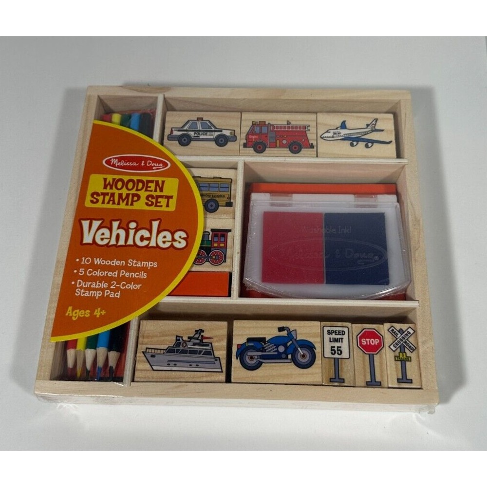 Melissa & Doug Vehicles Wooden Stamp Set - 10 Stamps - Train, Cars, Plane, Boat